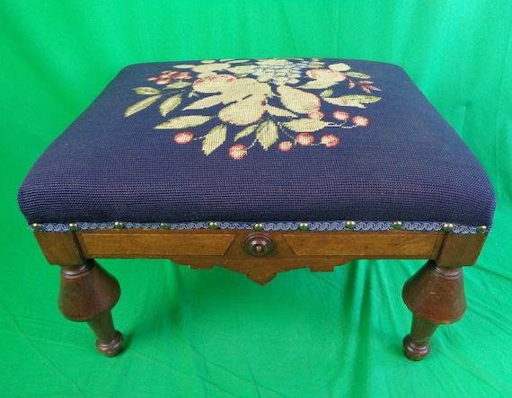 Antique Edwardian 1900s 1910s Foot Step Stool Ottoman Pouf Home House Living Bedroom Furniture Blue Fruit Needle Point Party Gift Handmade