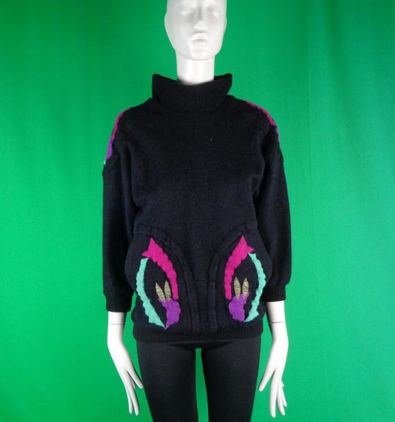 Vintage Retro French Clothing Apparel Pullover Wool Sweater Top 1980s 1990s CAN US LG Wedding Party Formal Evening Casual Gift Black Pattern