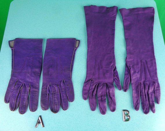 Vintage Retro Antique Gauntlet Driving Purple Gloves 1900s 1940s 50s Mid Century Leather Kidskin Wedding Party Formal Evening Gift S 6-6 3/4