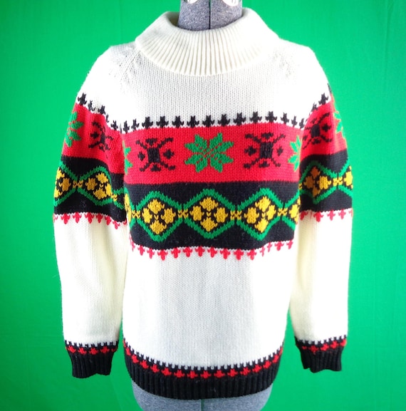 Vintage Retro Clothing Apparel Pullover Turtleneck Cable Knitwear Sweater Top 1960s 70s Mid Century LG White Black Red Green Yellow Gift