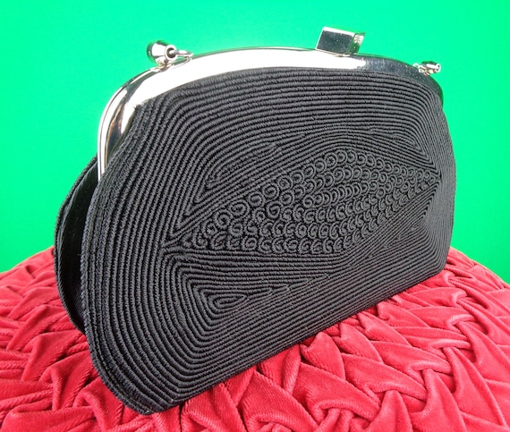 Vintage Retro Black Corde Handbag Purse: 1940s 50s Oblong Chain Clutch Gold Seal Wedding Party Evening Formal Gift Accessorize