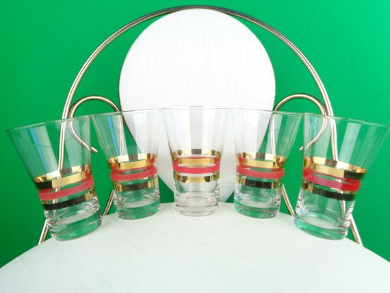 Vintage Retro 5 Set Drink Barware Highball Glasses 1950s 60s Mid Century MCM Clear Gold Red Ring Stripe Kitchen Dine Serve Home Decor Gift