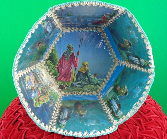 Vintage Retro Handmade Christmas Card Basket: 1950s-60s Nativity Scene Decor Holiday Accent Storage Gift
