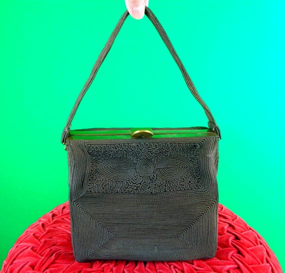 Vintage Coronet Corde Handbag: 1940s-50s Brown Top Handle Clutch Square Box Purse Gift Accessory