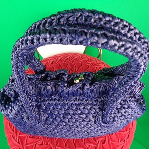 Bolso de mano vintage retro de paja con asa superior, década de 1950 y 1960, mediados de siglo, grande, de rafia azul real, formal, informal, para bodas, fiestas y veladas, regalo