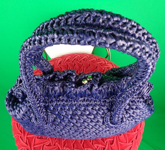 Vintage Retro Accessorie Royal Blue Straw Purse Top Handle Handbag 1950s 1960s Large Raffia Wedding Formal Evening Party Mid Century Gift