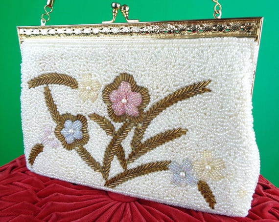 Vintage Beaded Clutch: 1950s Floral Faux Pearl Handbag Mid Century Top Handle Pastel Purse