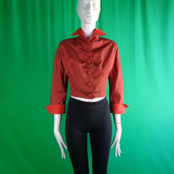 Vintage Retro Clothing Blazer Suit Dress Jacket Bolero Crop Blouse Top 40s 50s Mid Century Small Orange Sharkskin Wedding Party Formal Gift