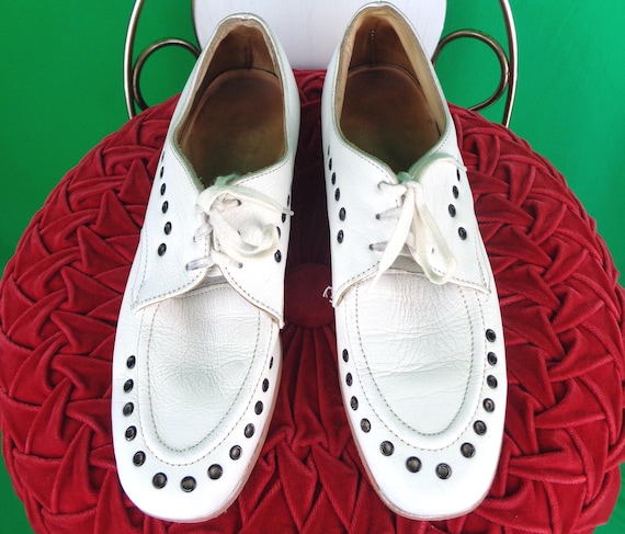 Vintage Retro Sunbeam White Leather Bowling Shoes Footwear Oxford Flats 1960s 1970s US CA Size 7 Wedding Party Evening Formal Causal Gift