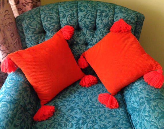 Vintage Orange Corduroy Throw Pillow: Mid Century Tassel Accent Cushion 1960s-70s Chair Sofa Decor