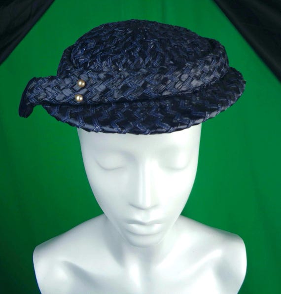 Vintage Navy Blue Straw Hat with Velvet Trim, 1940s-50s Half Hat Cello Capulet Accessory