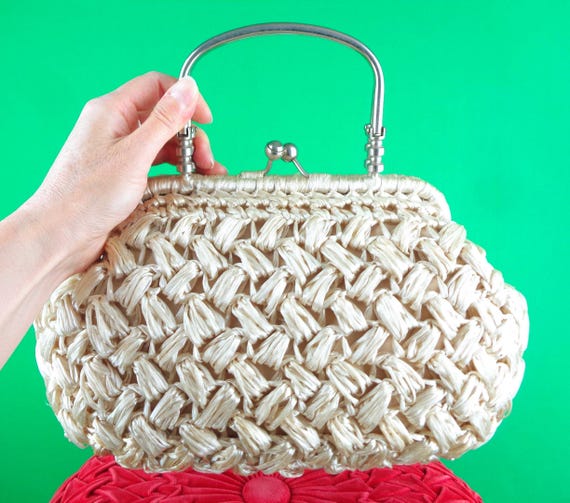 Vintage Raffia Straw Handbag: 1950s-60s Top Handle Purse Mid Century Gift Party Wedding Accessorize
