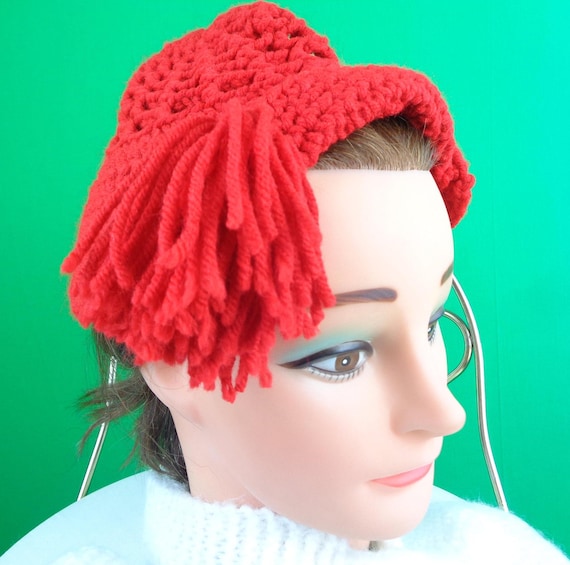 Vintage Retro Handmade Capulet Beanie Half Hat 1950s 1960s Mid Century Lipstick Red Acrylic Wool Cable Knit Casual Formal Gift Accessorie