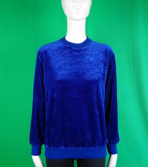 Vintage Retro Clothing Apparel Pullover Sweater Top Blouse Shirt 1960s 1970s Velour Velvet Cobalt Blue M Party Evening Formal Casual Gift
