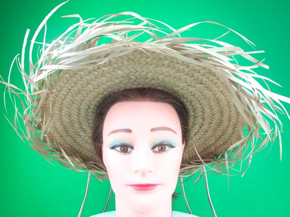 Vintage Retro LG Natural Straw Sun Hat 40s 50s Brim Cartwheel Fringe Mid Century Wedding Party Formal Casual Beach Coastal Gift Accessorize
