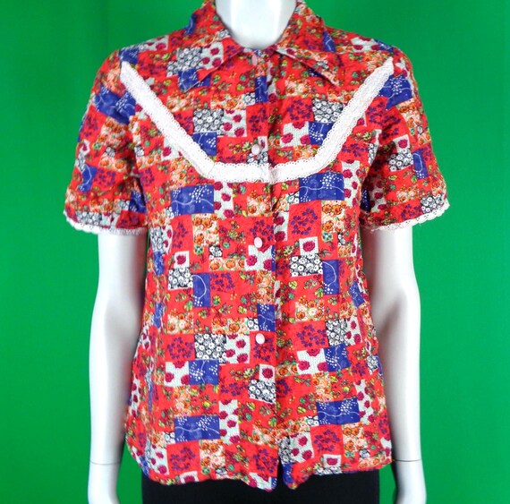 Vintage 1960s Patchwork Blouse, Handmade Ruffled Trim Top, Button-up Gunny Sack Western Shirt Gift
