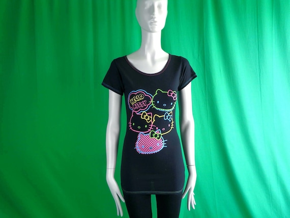 Sanrio Neon Hello Kitty Tee Shirt: Polka Dot Pullover Top Black Pink Blue Yellow
