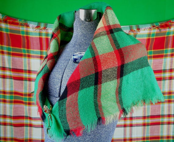 Vintage Plaid Scarf: 1950s-60s Tartan Wool Wrap Mid Century Shawl Green Red Yellow Black