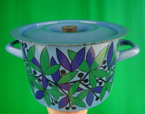 Vintage Retro Decorative Finel Stock Pot Finland Cookware Transfer-ware 1960s 70s Leafy Enamel Home House Kitchen Dining Serving Party Gift