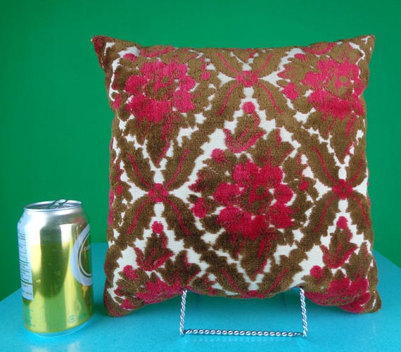 Vintage Retro Handmade Tapestry Throw Toss Pillow Cushion Decorative Square 1960s 1970s Brown Wine Chair Sofa House Home Room Accent Gift