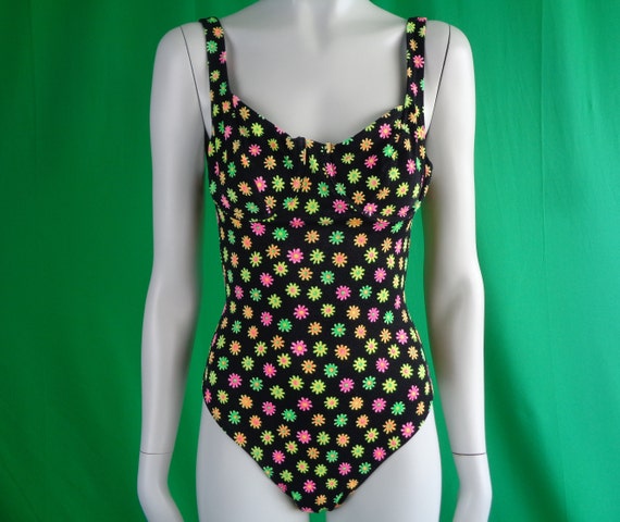 Vintage Retro Clothing Apparel One Piece Bathing Body Swimwear Suit 1980s 90s Floral Neon Yellow Pink Green Orange Coastal Workout Gym Gift