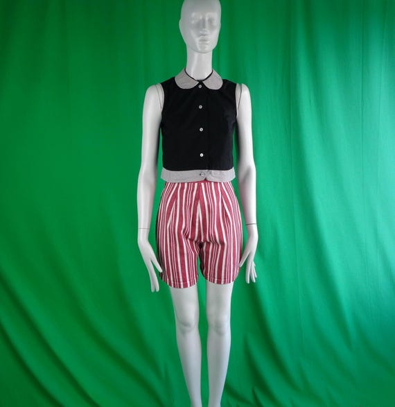 Vintage Retro Clothing Apparel Crop Button Top Shirt Blouse 1950s 60s Mid Century Black White Check 13 J XS Wedding Party Formal Casual Gift