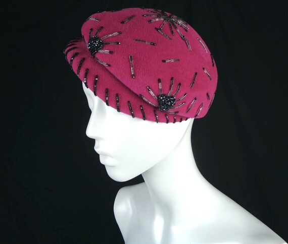 Vintage 1950s Ruth Half Hat, Pink Black Bead Heart Capulet New York Accessory Gift