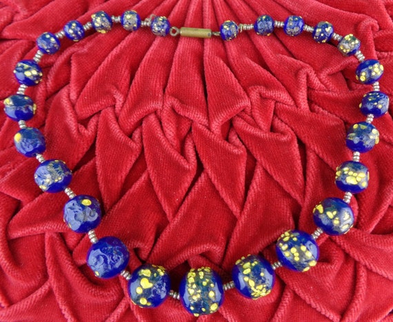 Antique Vintage Choker Necklace Jewelry 1900s Accessorie Blue Yellow Glass Bead Edwardian Victorian Venetian Aventurine Murano Fiorato Gift