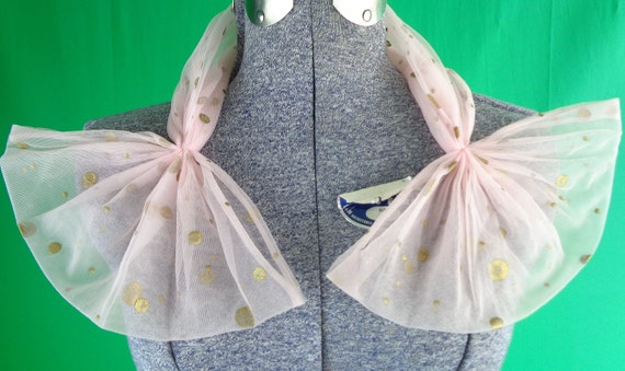 Vintage Retro Accessorie Scarf Self Necktie Wrap Nylon Baby Powder Pink Gold Polka Dot 1940s 1950s Mid Century Formal Wedding Evening Party
