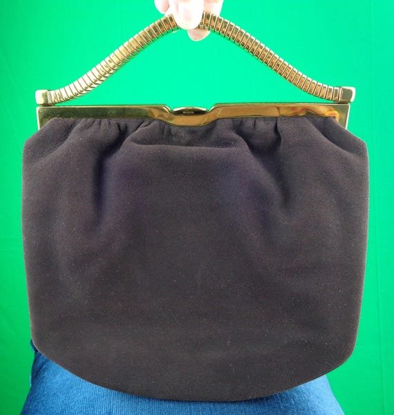 Vintage Retro Rosenfeld Brown Suede Satin Purse Handbag Clutch Top Handle 40s 50s Mid Century Gold Tone Frame Party Evening Accessorie Gift