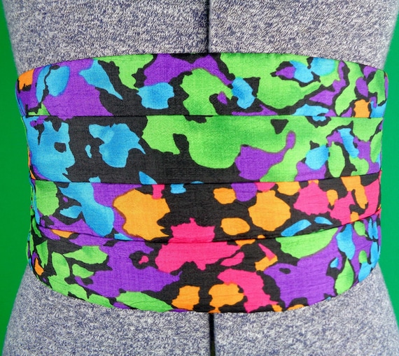 Vintage Retro Unisex Neon Cummerbund Stretch Belt 1980s 1990s Wedding Party Evening Accessorize Gift Blue Purple Pink Green Orange Black