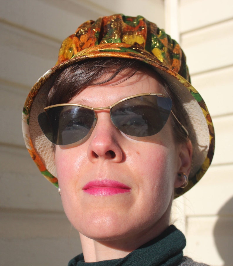 1950s 60s Vintage Mid Century Retro Mod Accessorie Womens Hat Floral Brocade Silk Yellow Orange Green Brown White Bucket Topper Dress Formal