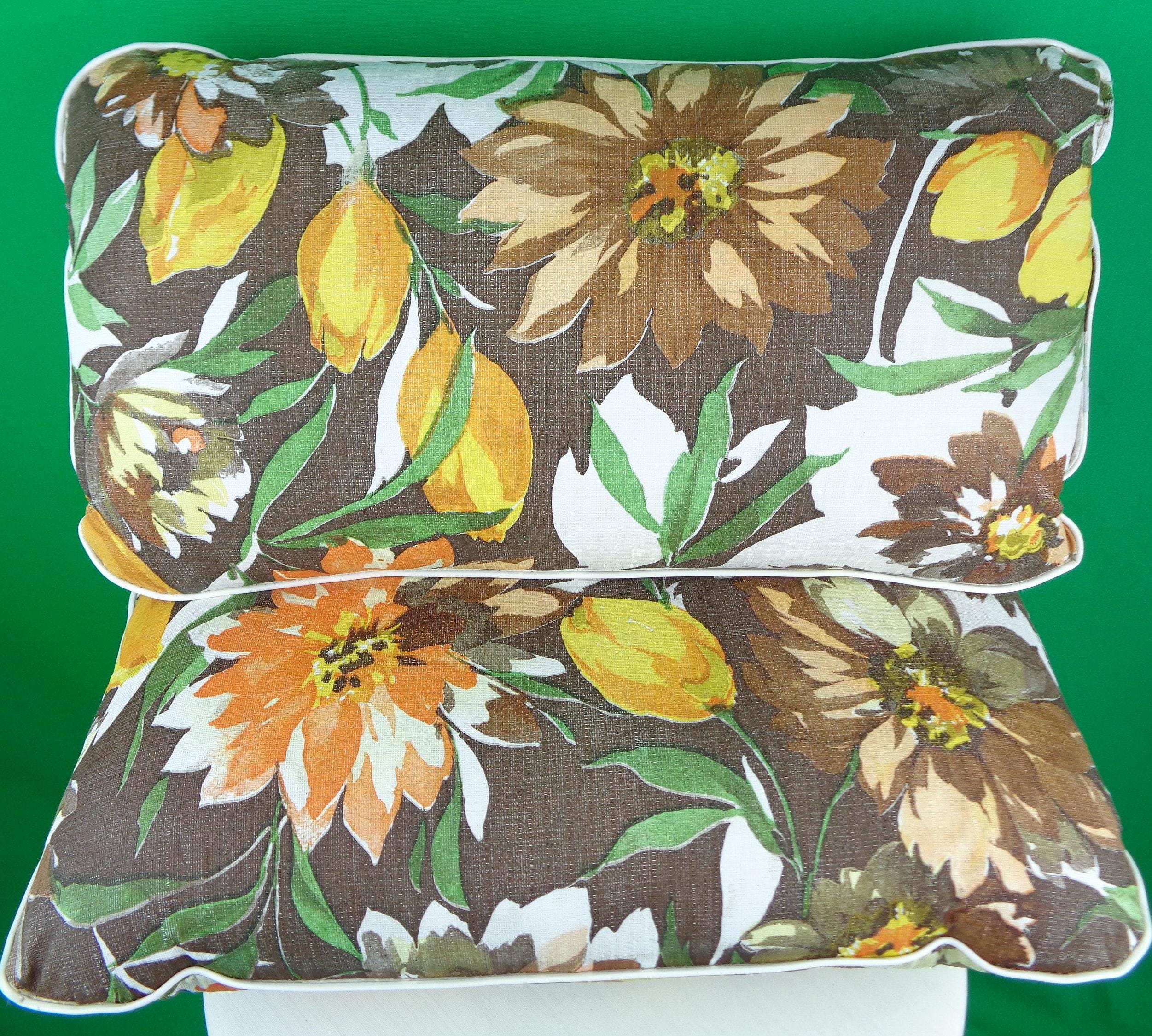 Vintage Retro Throw Cushions Pillows Outdoor Patio Furniture Chair Floral Vinyl Foam 1960s 1970s Home Living Decor Brown Yellow Orange Green