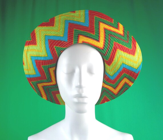 Vintage Retro Mod Monsieur Henri Jr Hat 1960s 1970s Designer Brim Floppy Bucket Sun Aztec Chevron Zig Zag Rainbow Wedding Party Formal Gift