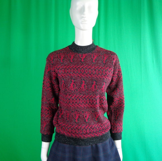 Vintage Retro Clothing Apparel Novelty Pullover Sweater Top 1980s 90s Jumper Wool Acrylic M Pink Gray Silhouette Man Riding Bike Party Gift