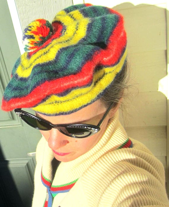 Vintage Beret Tam Hat: 40s-50s Tartan Plaid Scottish Yellow Green Red Blue Gift Accessory