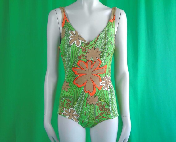 Vintage Retro Clothing Apparel Holt Renfew Italy 46 One Piece Bathing Swimsuit 50s 60s Mid Century Mod Floral Green Orange Brown Beige Gift