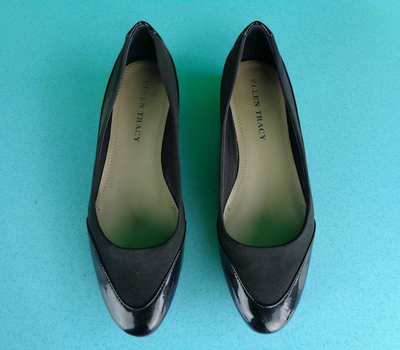 Vintage Retro Y2K Black Patent Ellen Tracy Shoes Footwear Ballet Flats Slip Ons Slides CAN US 6M ARRON Wedding Party Formal Evening Gift