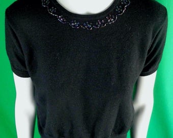 Vintage Retro Clothing Apparel Pullover Sweater Top Blouse 1940s 50s 38 M Cashmere Wool Black Crop Short Wedding Evening Formal Casual Gift