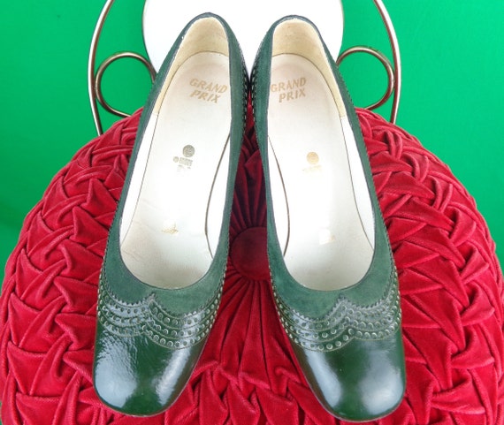 Vintage Retro Shoes Pumps 60s 70s Palizzio Grand Prix Green Patent Suede Leather Spectator Wing Tip Size 6 Wedding Party Formal Evening Gift