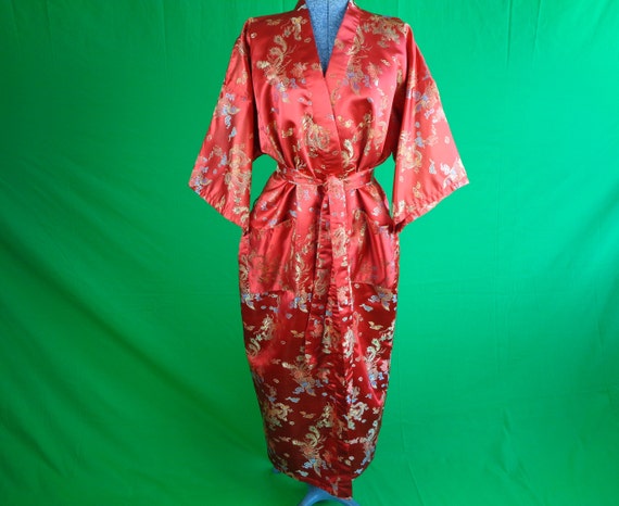 Vintage Retro Robe House Coat Clothing 1980s 1990s Pyjamas Nightwear Wrap XXL Red Shanghai Cheongsam Traditional Japanese Chinese Party Gift