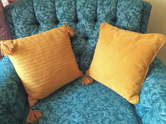 Vintage Handmade Velour Throw Pillows: 60s-70s Square Accent Cushions Stripe Solid Yellow Furniture Decor