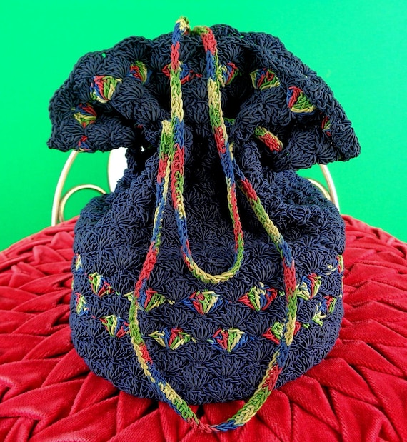 Vintage Cord Drawstring Purse: 1940s Navy Blue Clutch Evening Party Bag Red Yellow Green