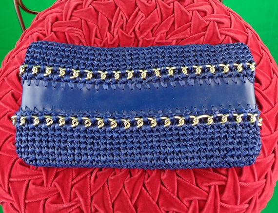 Vintage Retro Accessorie Straw Purse Clutch Handbag 1940s 50s Mid Century Navy Blue Raffia Gold Tone Chain Vinyl Wedding Party Evening Gift