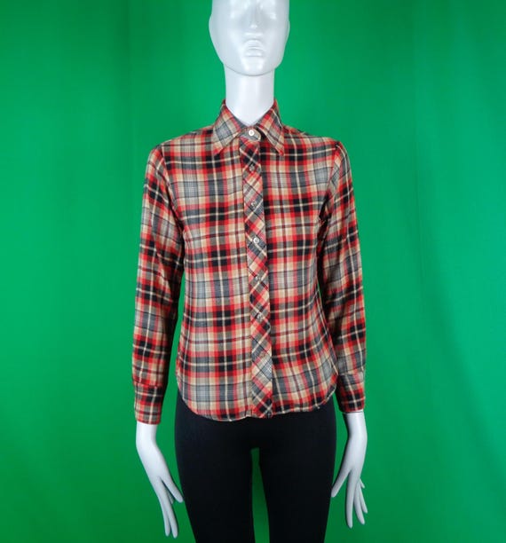 Vintage Retro Clothing Hash Jeans Button Shirt Top Blouse 1970s 1980s XS Flannel Black Orange Beige Plaid Tartan Cowgirl Western Casual Gift