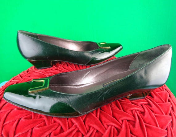 Vintage Retro Roberto Capucci Slip-on Shoes Pumps Footwear 80s 90s Designer Green Patent Leather 9 Wedding Party Evening Formal Casual Gift