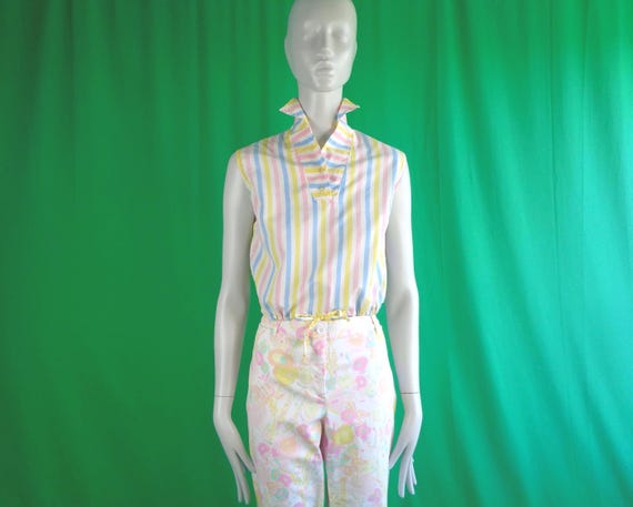 Vintage Retro Clothing Apparel Pullover Cotton Sun Crop Top Shirt Blouse 1940s 1950s Mid Century S Stripe Pastel White Yellow Blue Pink Gift