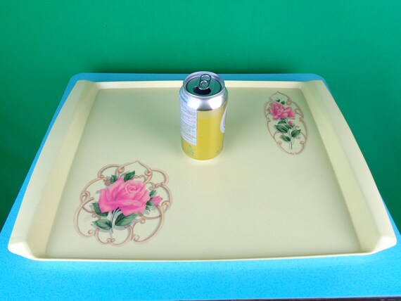Vintage Retro Decorative Serving Vanity Perfume Tray Platter 50s 60s Mid Century Polysar Yellow Pink Roses Home House Live Accent Decor Gift