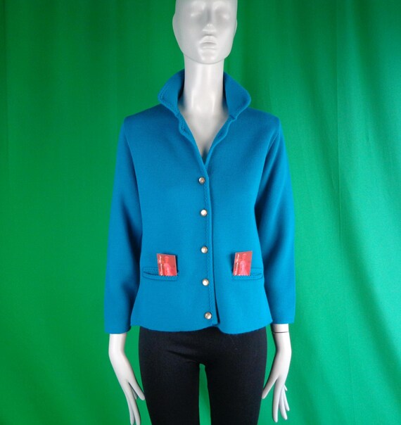 Vintage Retro Clothing Apparel Button Cardigan Sweater Top Knitwear 1950s 60s Mid Century M Wool Teal Blue Evening Party Formal Casual Gift