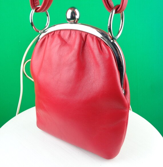 Vintage Retro Accessorie Lipstick Red Purse Top Handle Handbag Clutch 1940s 50s Chrome Mirror Formal Evening Party Wedding Mid Century Gift